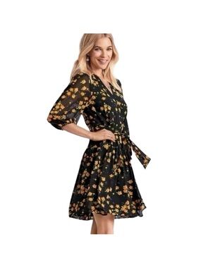 Cabi Black Mini Dress with Yellow Floral Print and Tie Waist size S.spring,boho
